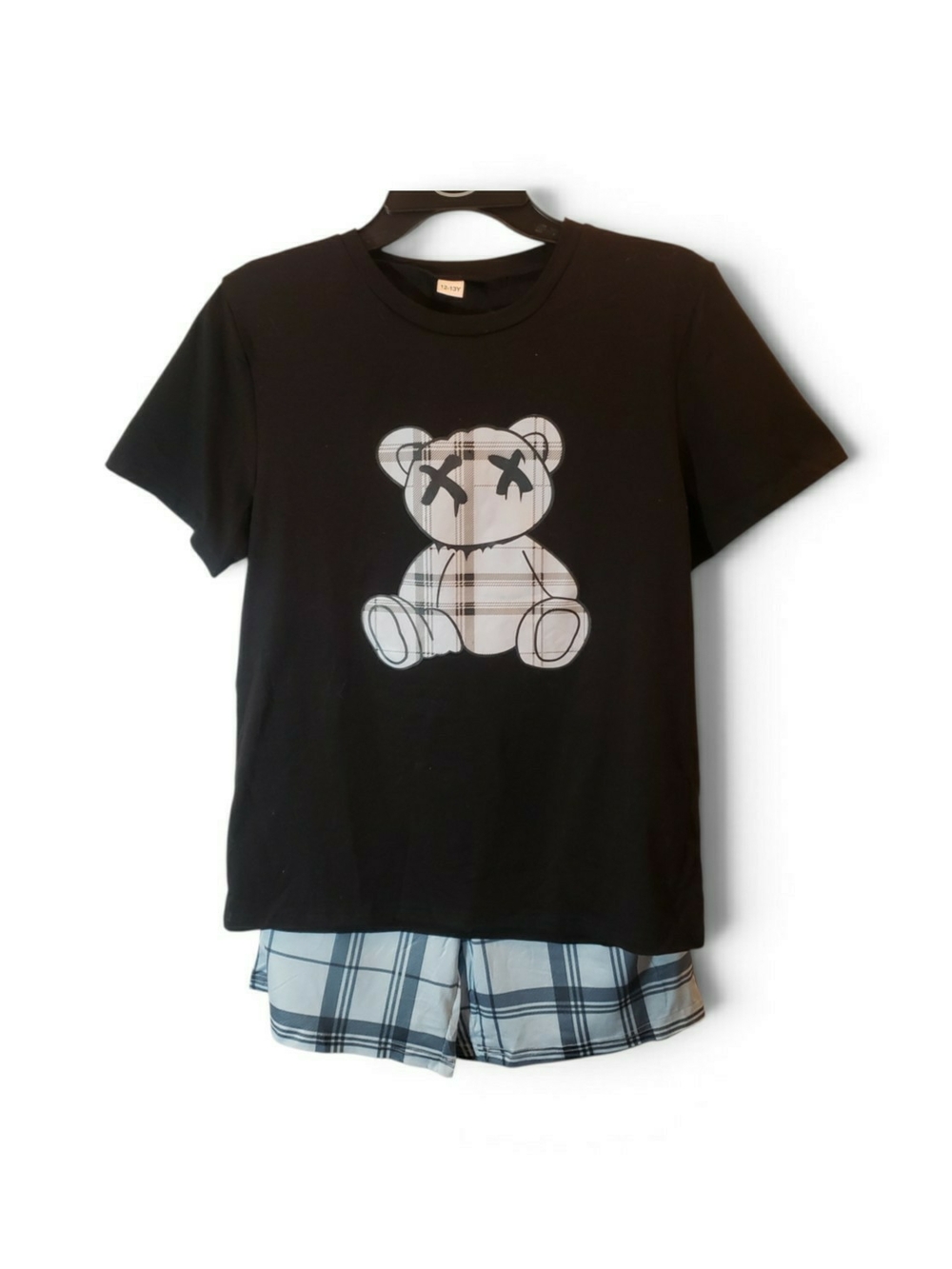 Boys 12-13Y black short-sleeve t-shirt with a plaid teddy bear graphic.